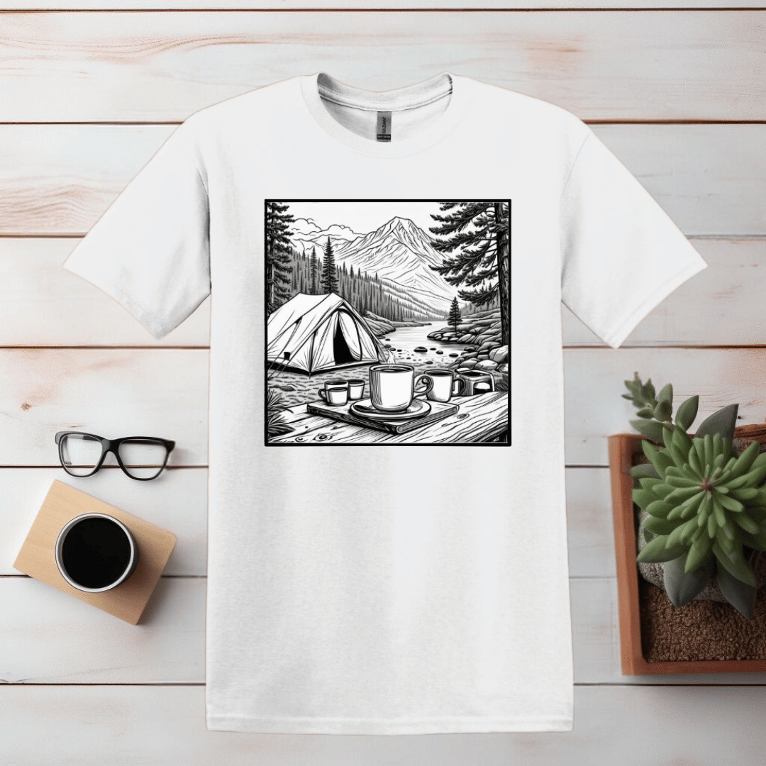 Kaffee und Camping einfache Linie Kunst T Shirt