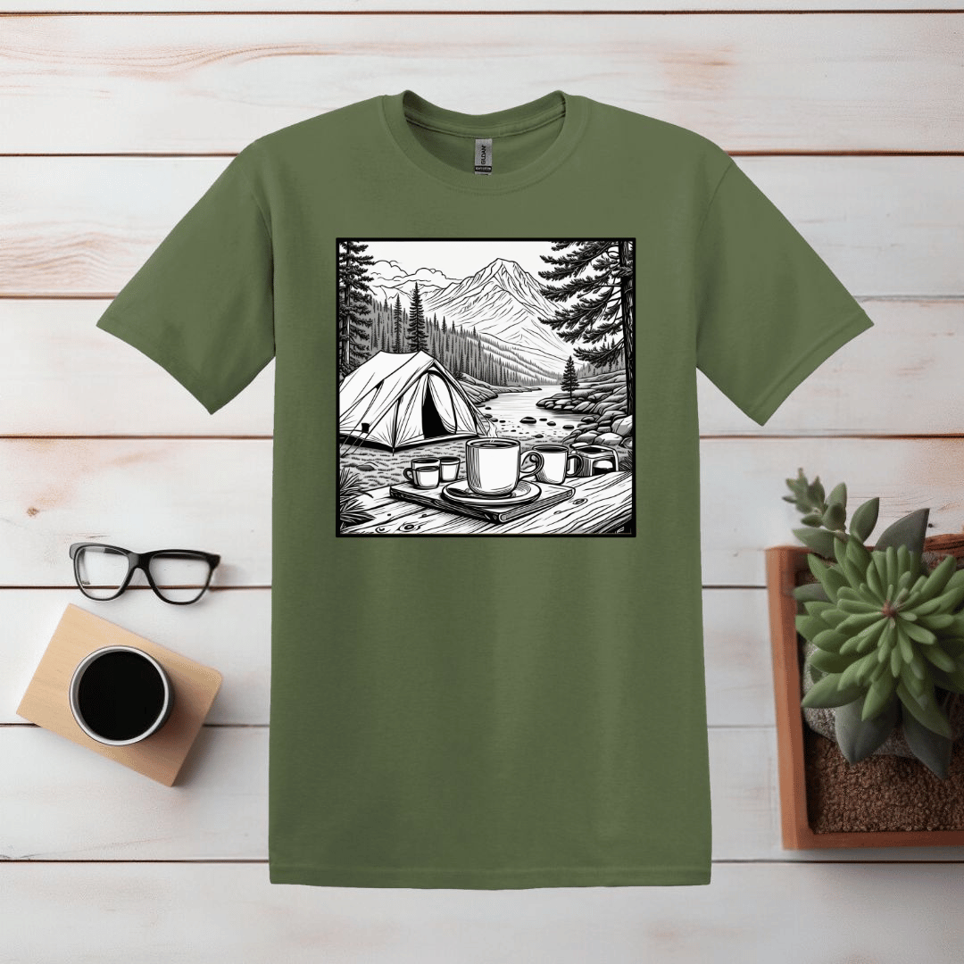 Kaffee und Camping einfache Linie Kunst T Shirt