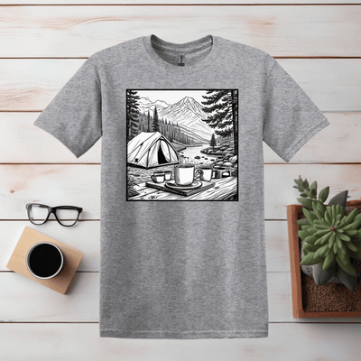 Kaffee und Camping einfache Linie Kunst T Shirt