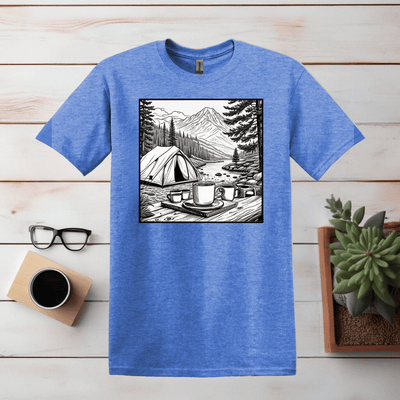 Kaffee und Camping einfache Linie Kunst T Shirt