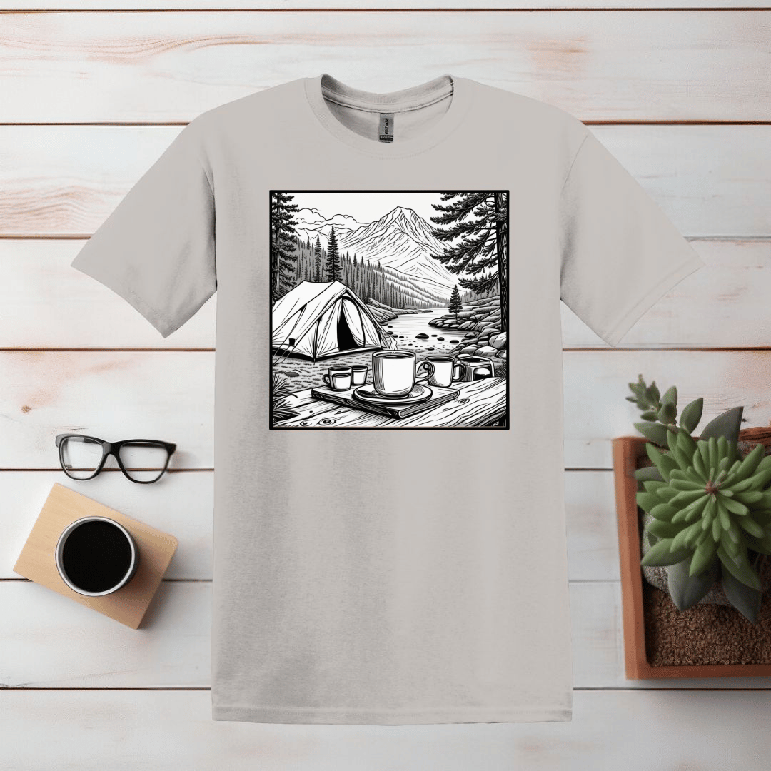 Kaffee und Camping einfache Linie Kunst T Shirt