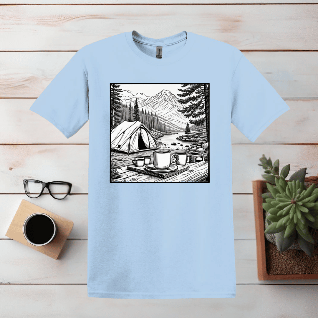 Kaffee und Camping einfache Linie Kunst T Shirt