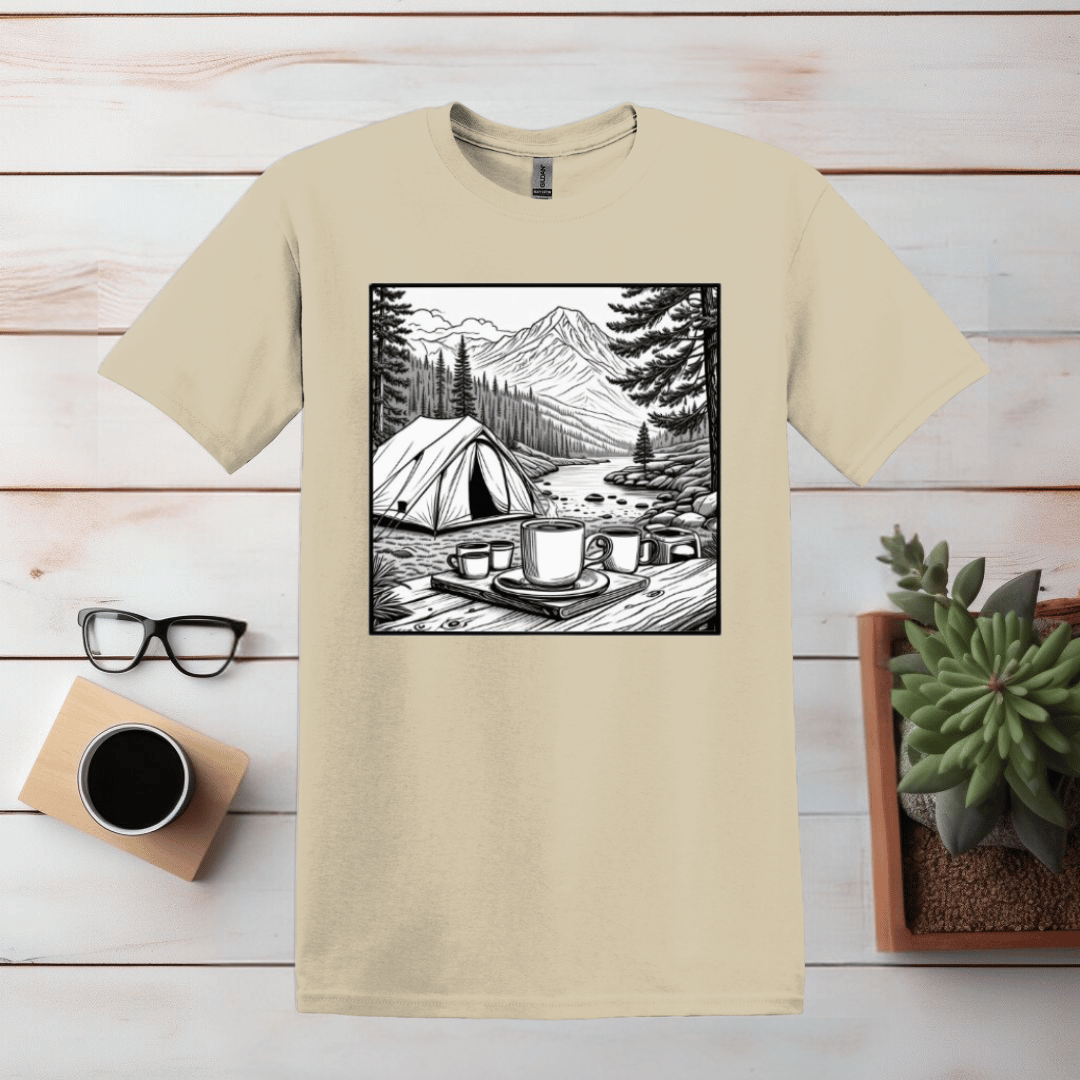 Kaffee und Camping einfache Linie Kunst T Shirt