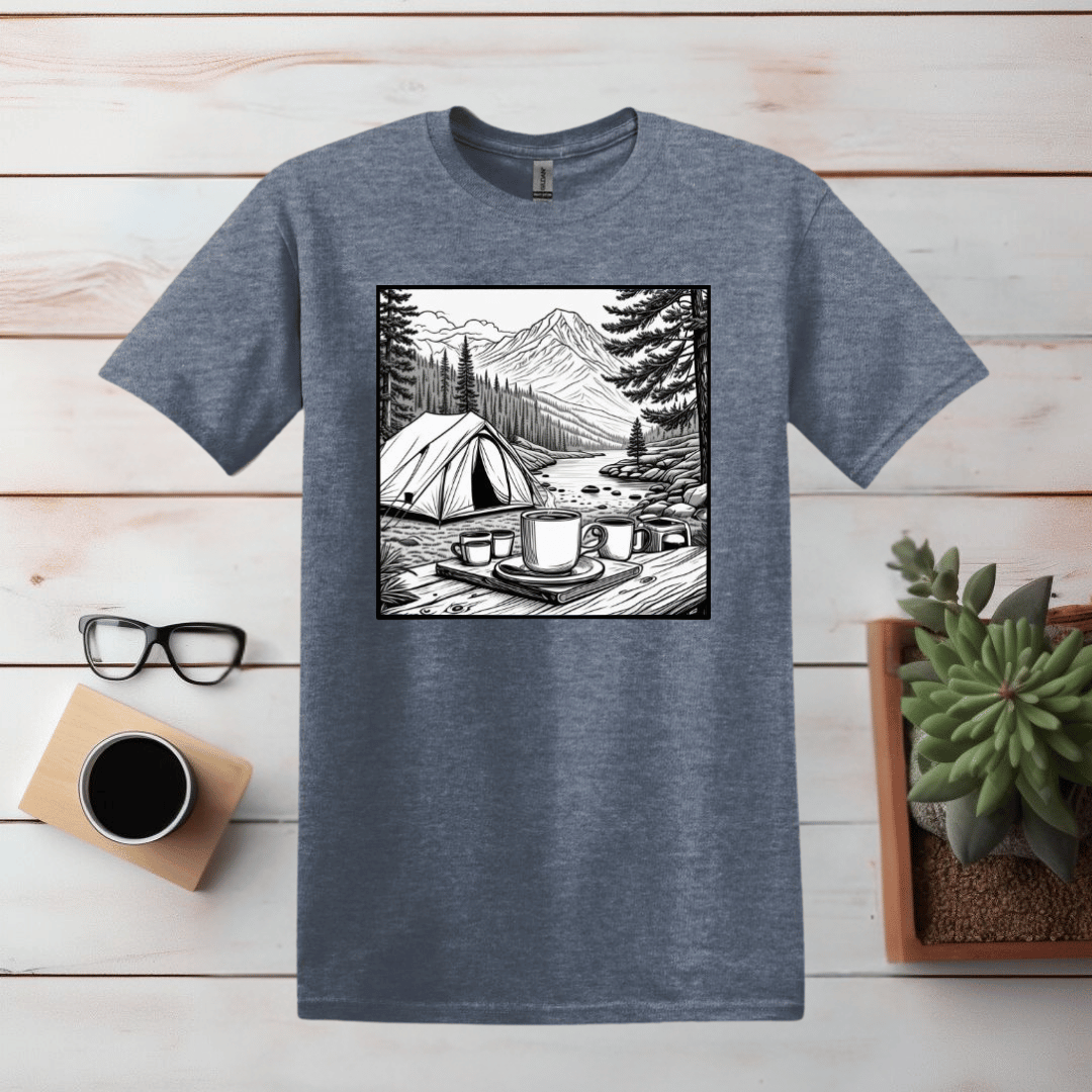 Kaffee und Camping einfache Linie Kunst T Shirt