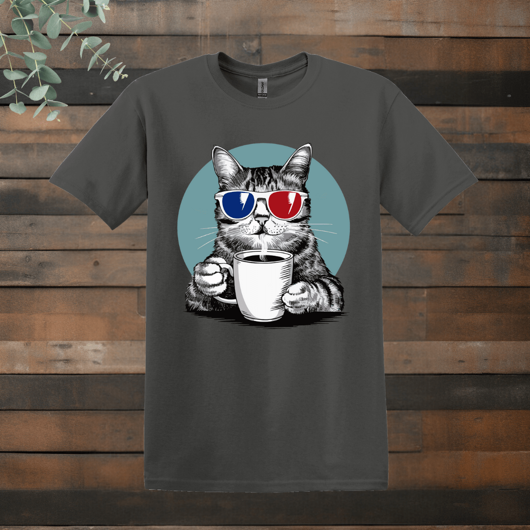 Printify T-Shirt Charcoal / S 3D Glasses Cat T shirt