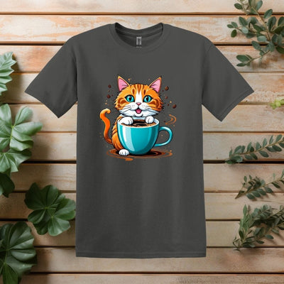 Printify T-Shirt Charcoal / S Cat and Coffee Cup T shirt