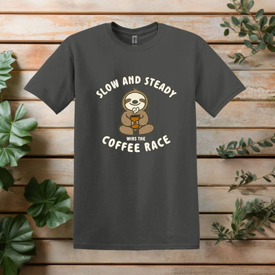 Printify T-Shirt Charcoal / S Slow and Steady Sloth Coffee T Shirt