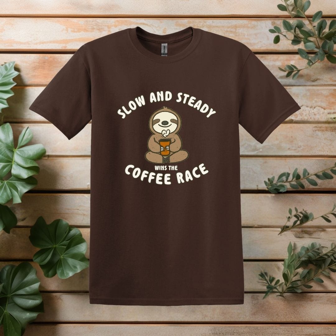 Printify T-Shirt Dark Chocolate / S Slow and Steady Sloth Coffee T Shirt