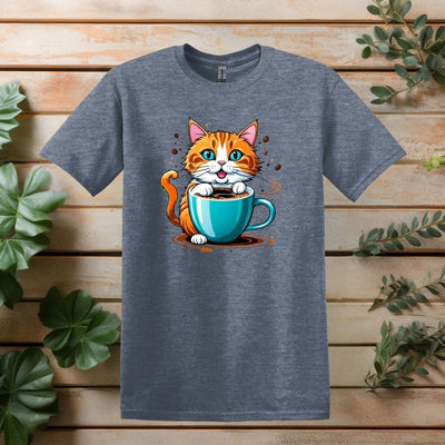 Printify T-Shirt Heather Indigo / S Cat and Coffee Cup T shirt