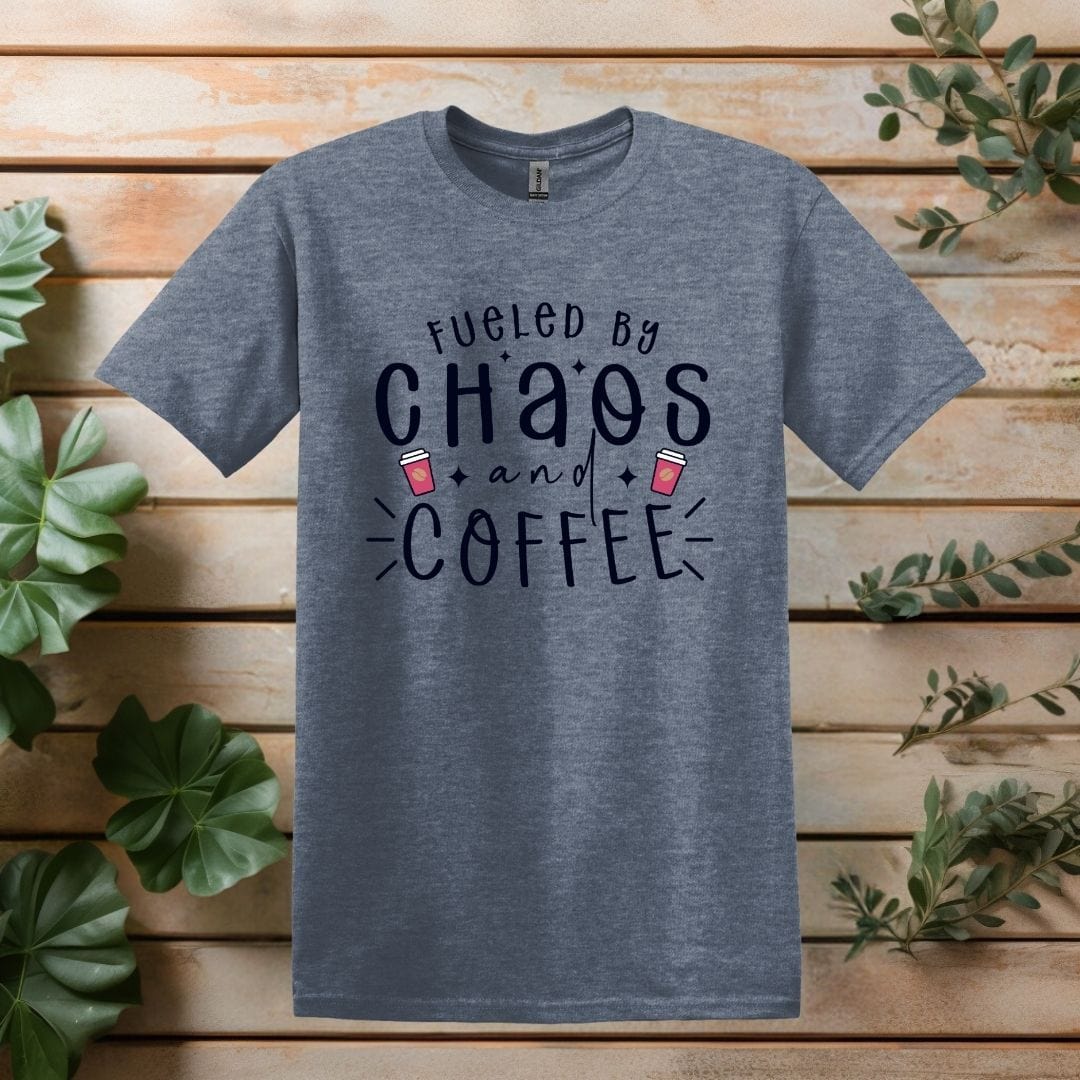 Printify T-Shirt Heather Indigo / S Fueled by Chaos and Coffee T shirt