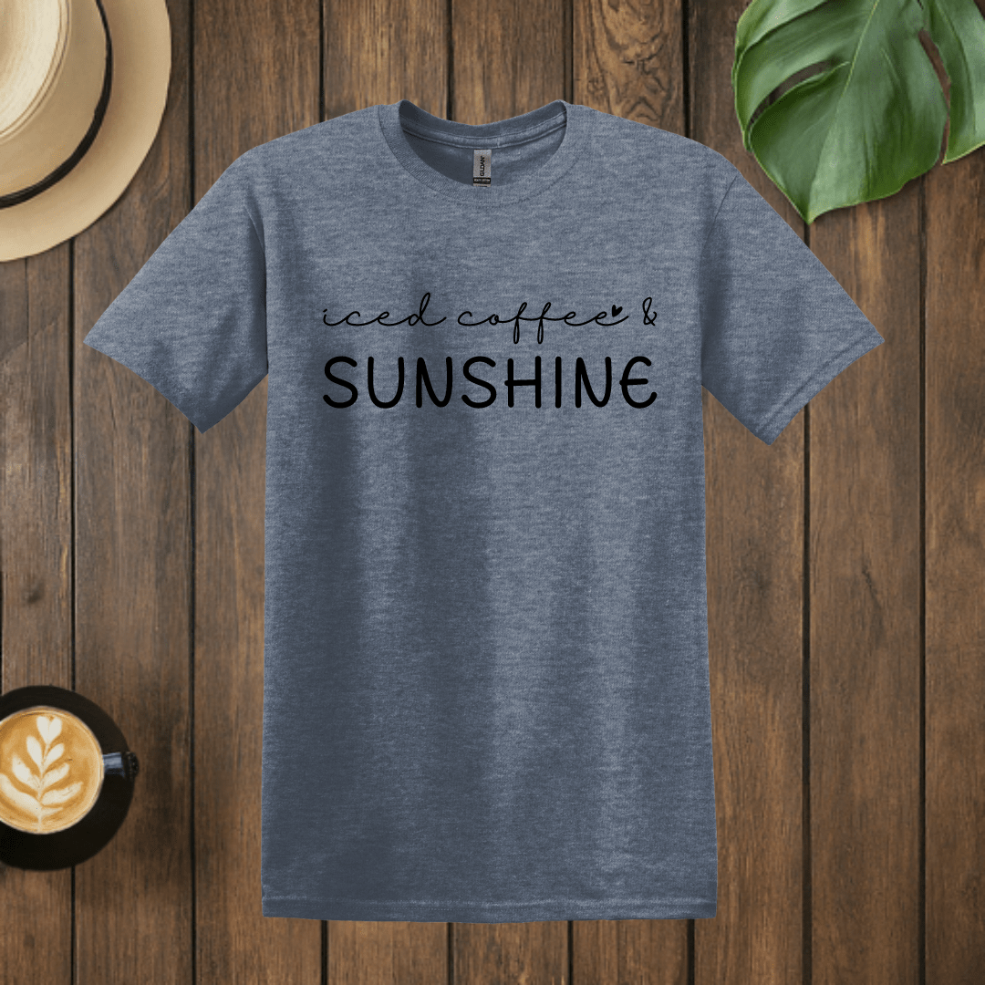 Printify T-Shirt Heather Indigo / S Iced Coffee and Sunshine Word Art T shirt