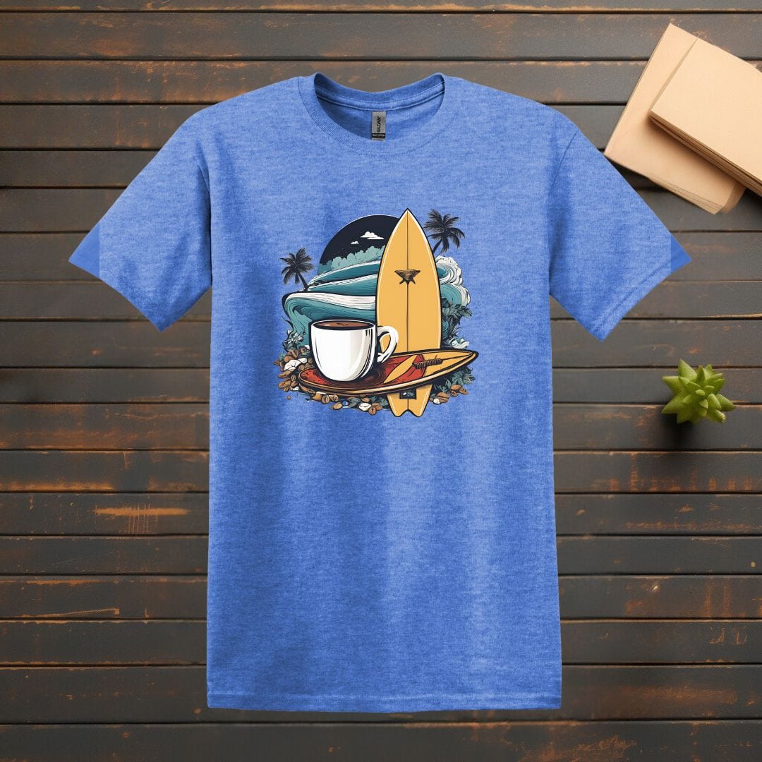 Printify T-Shirt Heather Royal / S Coffee and Surfboard T shirt