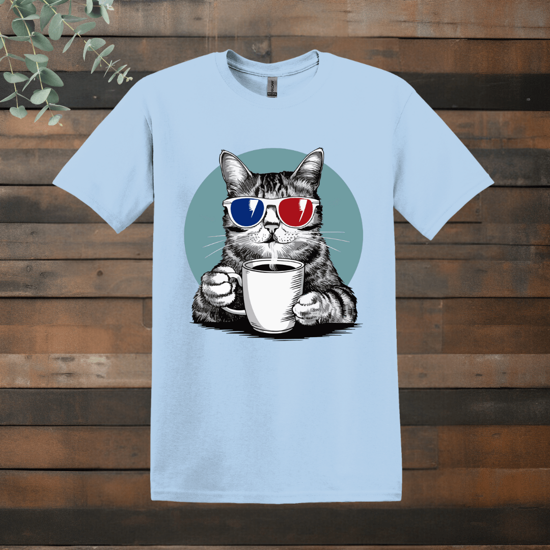 Printify T-Shirt Light Blue / S 3D Glasses Cat T shirt