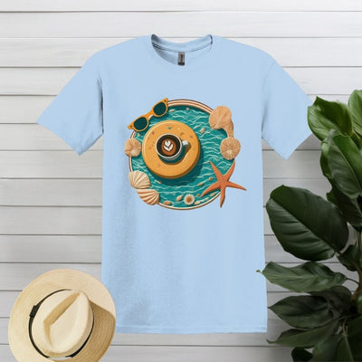 Printify T-Shirt Light Blue / S Beach, Seashells, and Coffee T shirt