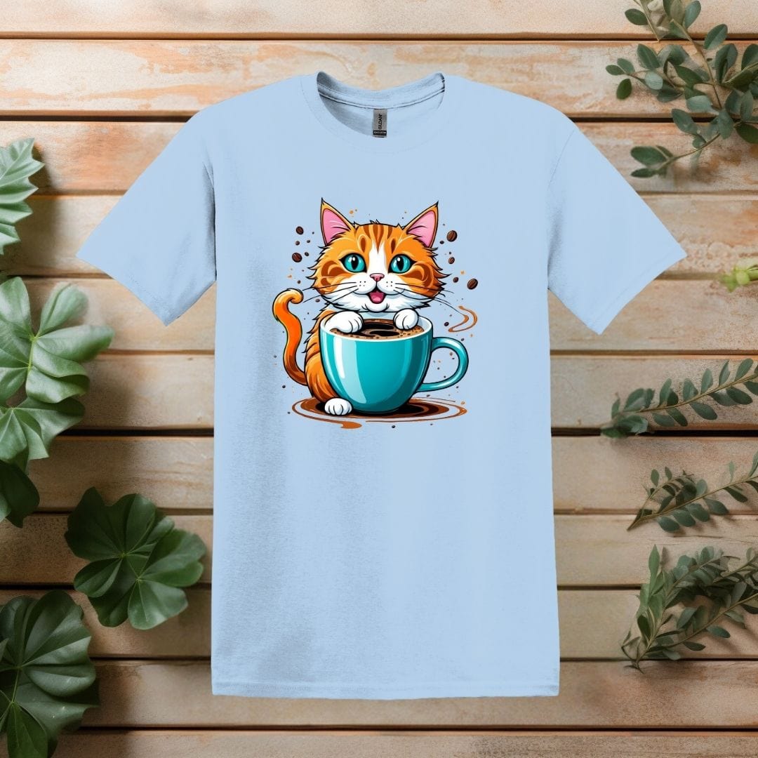 Printify T-Shirt Light Blue / S Cat and Coffee Cup T shirt