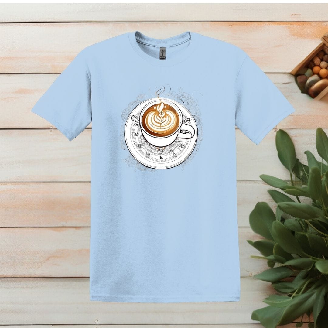 Printify T-Shirt Light Blue / S Clock and Coffee Design T shirt