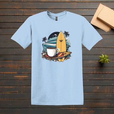 Printify T-Shirt Light Blue / S Coffee and Surfboard T shirt