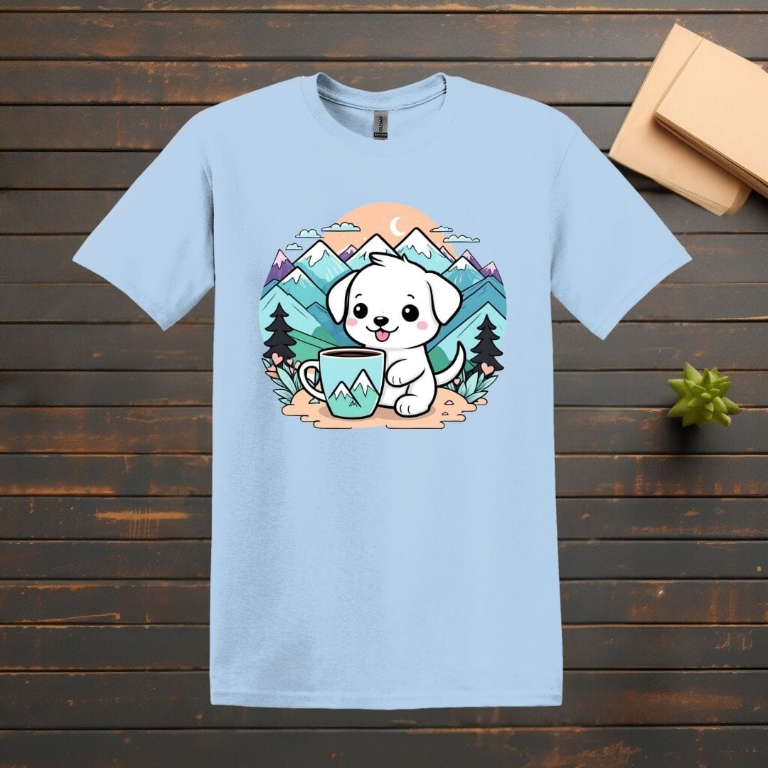 Printify T-Shirt Light Blue / S Cute Mountain Dog With Coffee T shirt