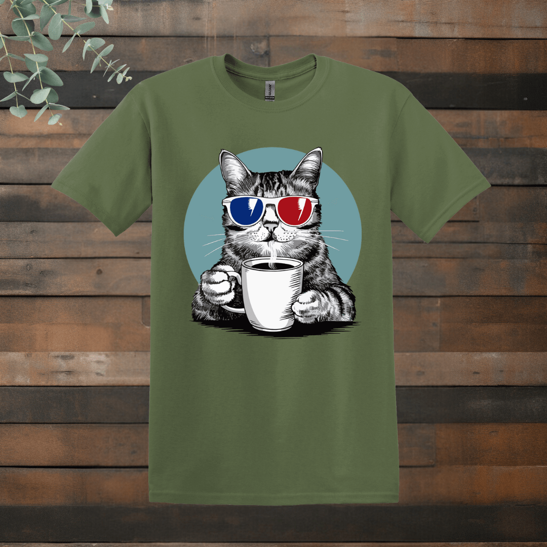 Printify T-Shirt Military Green / S 3D Glasses Cat T shirt