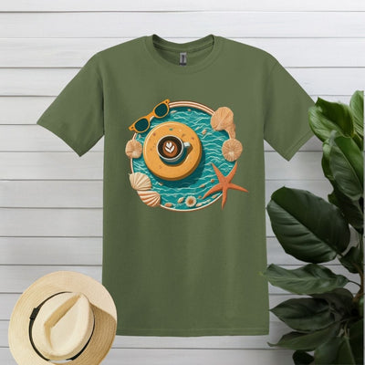 Printify T-Shirt Military Green / S Beach, Seashells, and Coffee T shirt