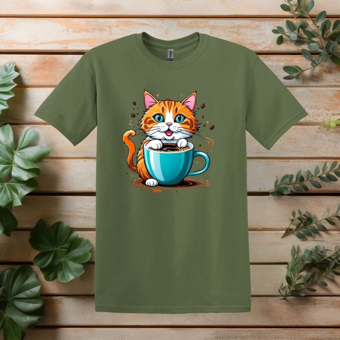 Printify T-Shirt Military Green / S Cat and Coffee Cup T shirt