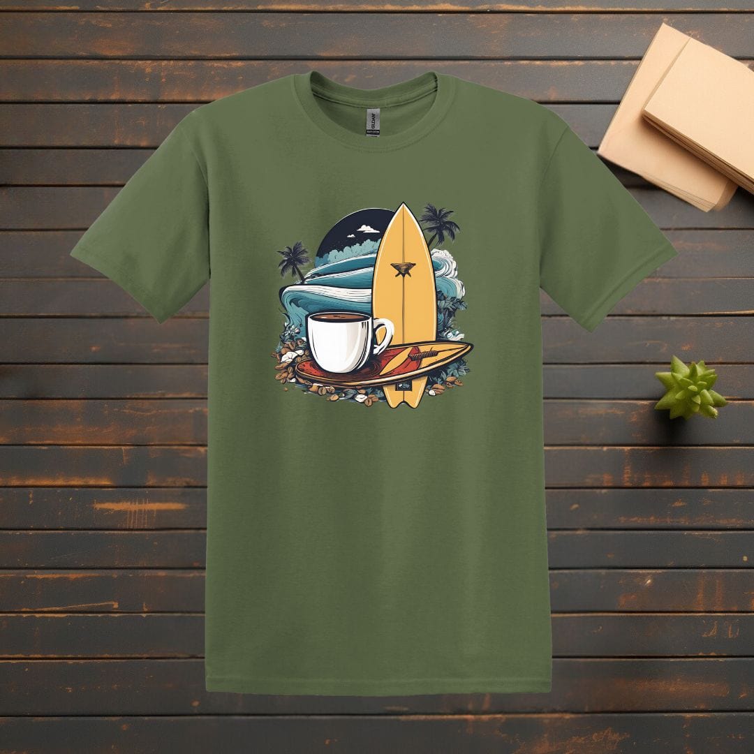 Printify T-Shirt Military Green / S Coffee and Surfboard T shirt