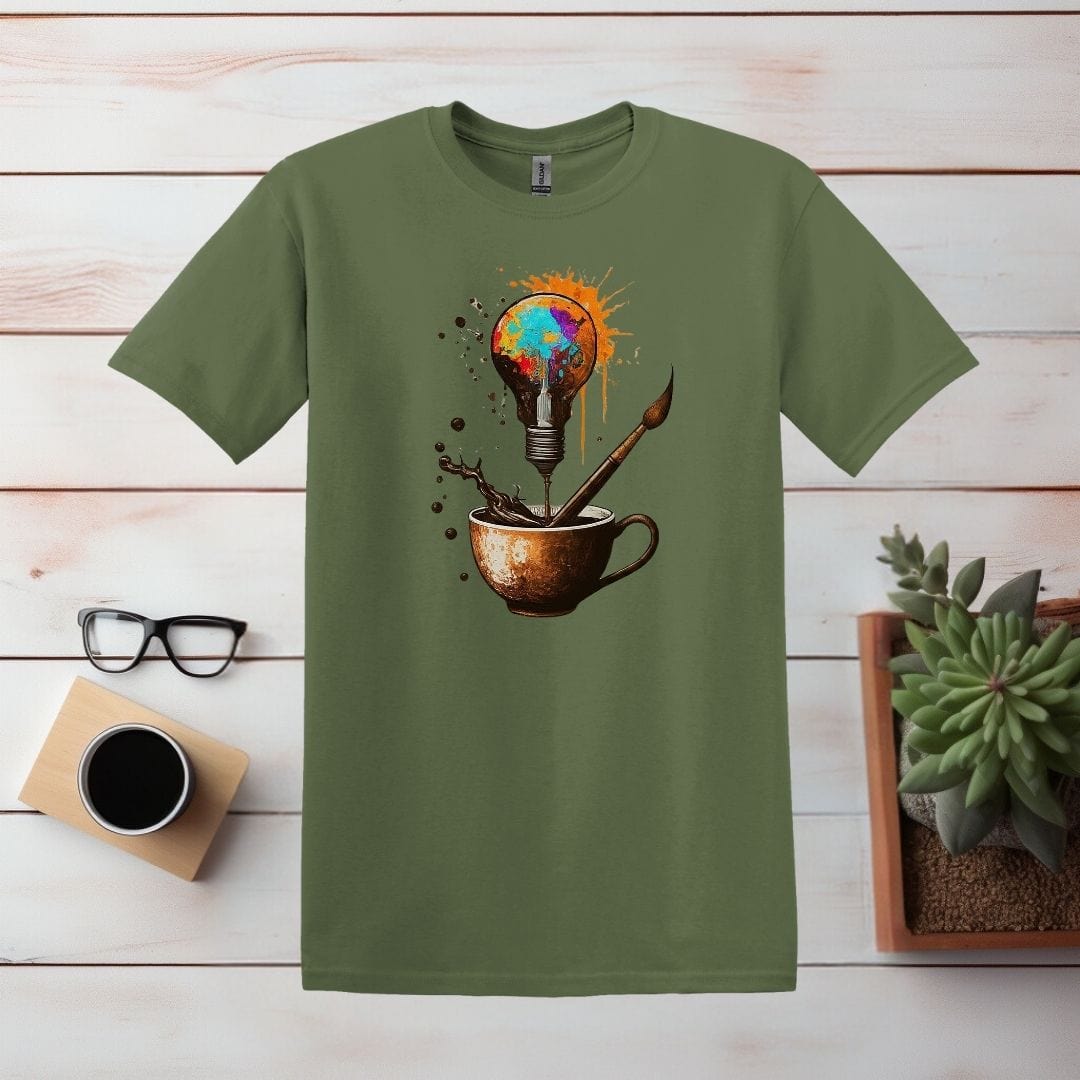 Printify T-Shirt Military Green / S Coffee Light Bulb Art T shirt