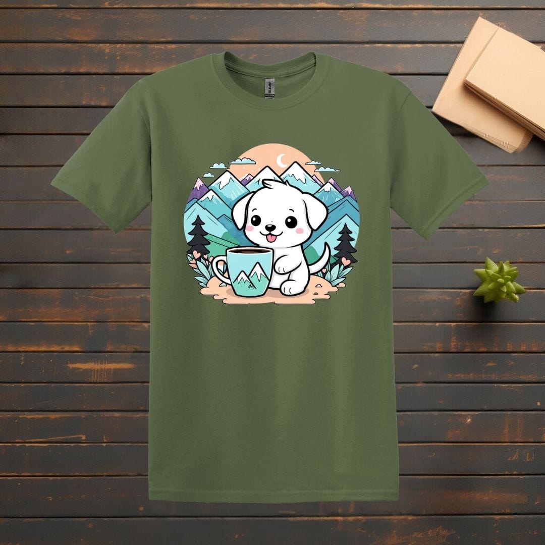 Printify T-Shirt Military Green / S Cute Mountain Dog With Coffee T shirt