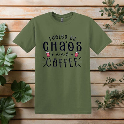 Printify T-Shirt Military Green / S Fueled by Chaos and Coffee T shirt