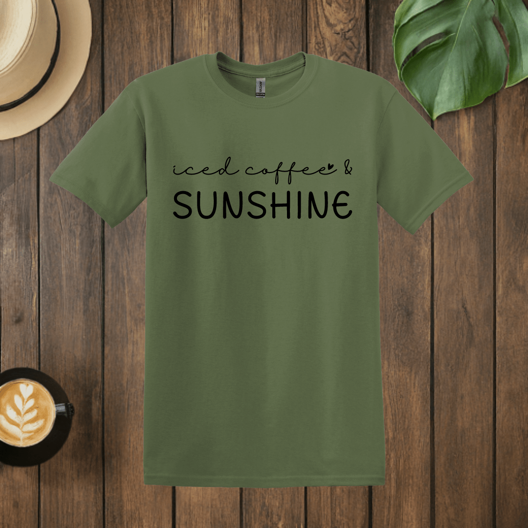 Printify T-Shirt Military Green / S Iced Coffee and Sunshine Word Art T shirt