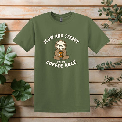 Printify T-Shirt Military Green / S Slow and Steady Sloth Coffee T Shirt