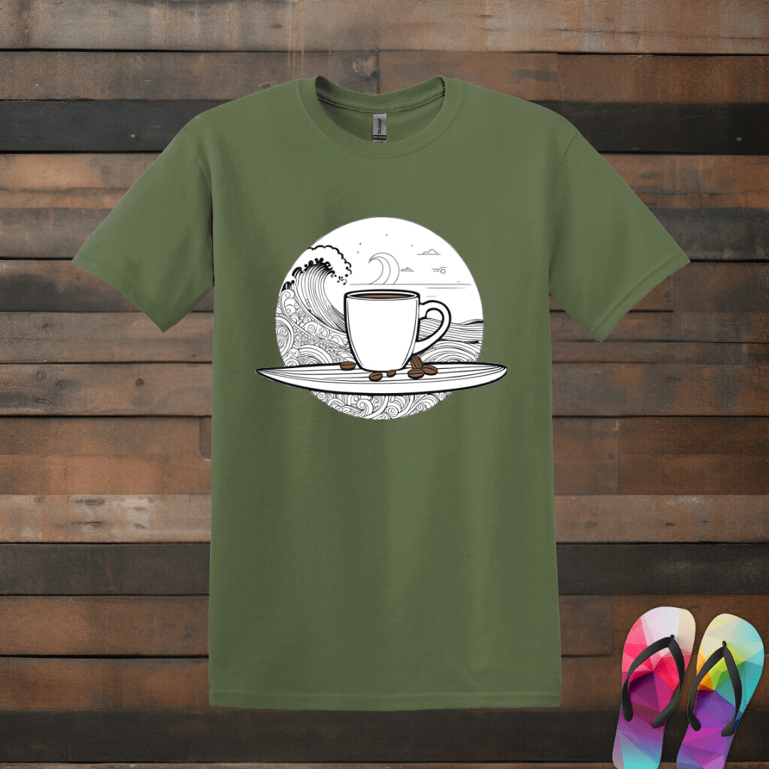 Printify T-Shirt Military Green / S Surfboard with Coffee T shirt