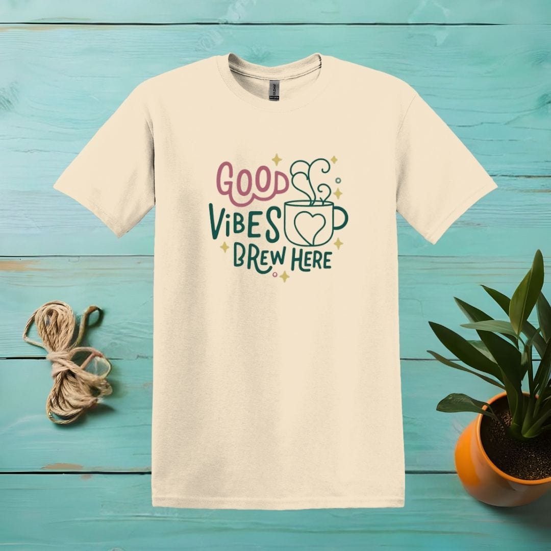 Printify T-Shirt Natural / S Good Vibes Brew Here T shirt