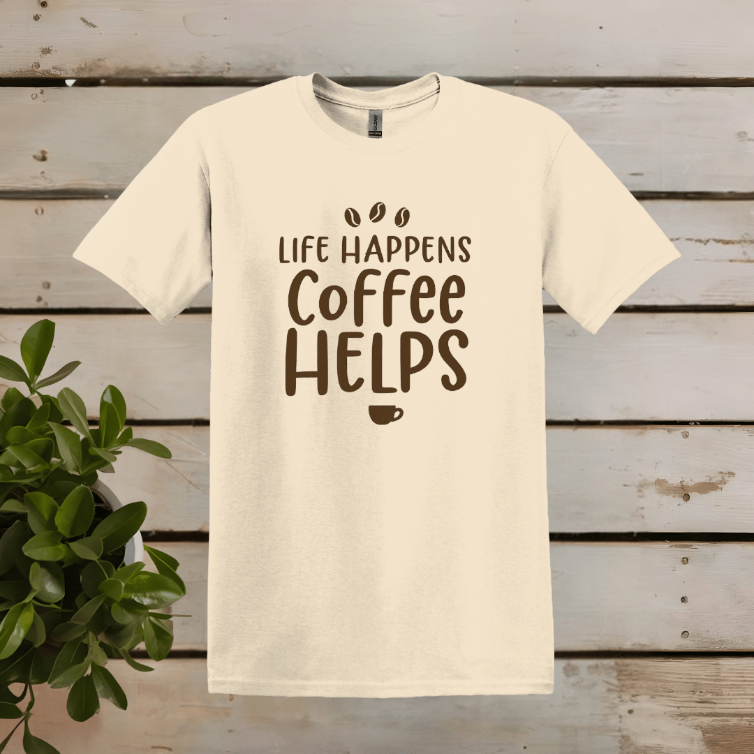 Printify T-Shirt Natural / S Life happens, Coffee Helps T Shirt