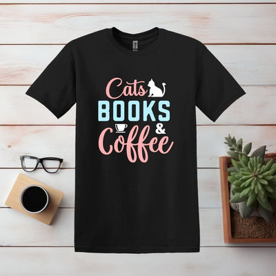 Printify T-Shirt S / Black Cats, Books, and Coffee T Shirt