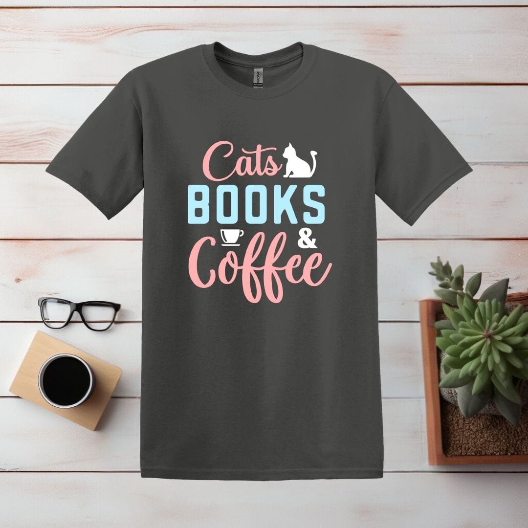 Printify T-Shirt S / Charcoal Cats, Books, and Coffee T Shirt