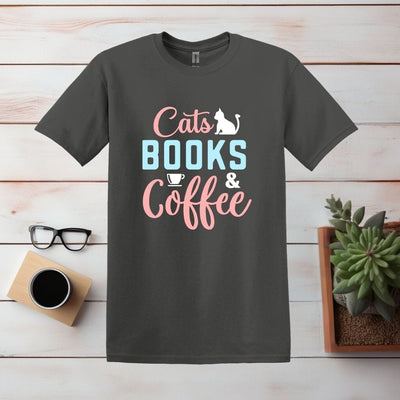 Printify T-Shirt S / Charcoal Cats, Books, and Coffee T Shirt