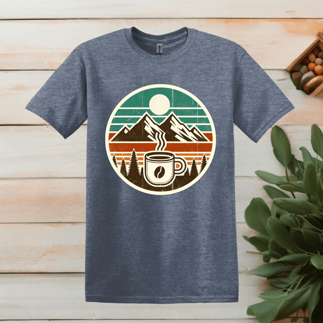 Printify T-Shirt S / Heather Indigo Coffee and Mountain Logo T shirt