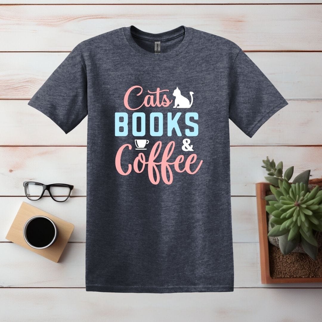 Printify T-Shirt S / Heather Navy Cats, Books, and Coffee T Shirt