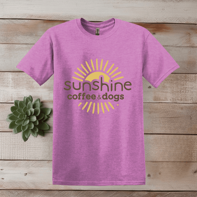 Printify T-Shirt S / Heather Radiant Orchid Sunshine, Coffee, And Dogs T Shirt