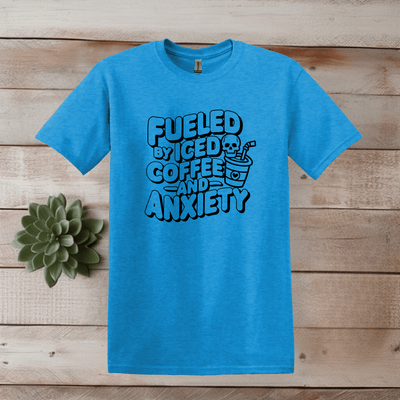 Printify T-Shirt S / Heather Sapphire Iced Coffee and Anxiety Word Art T shirt