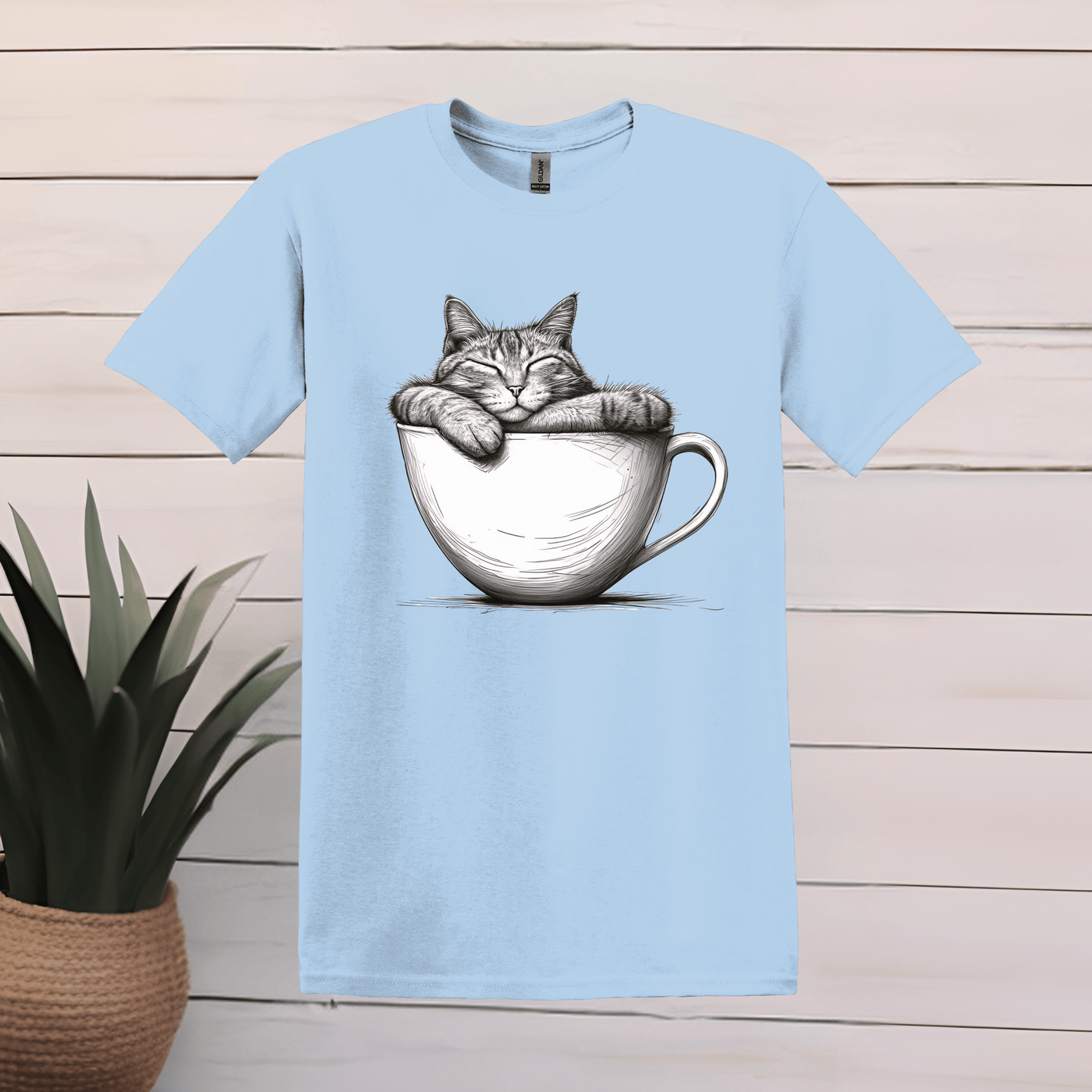 Printify T-Shirt S / Light Blue Cat Sleeping in Coffee Cup T shirt