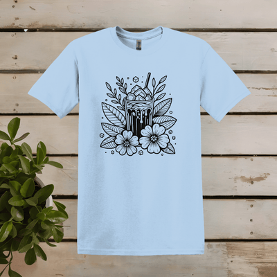 Printify T-Shirt S / Light Blue Floral Ice Coffee Line Art T shirt