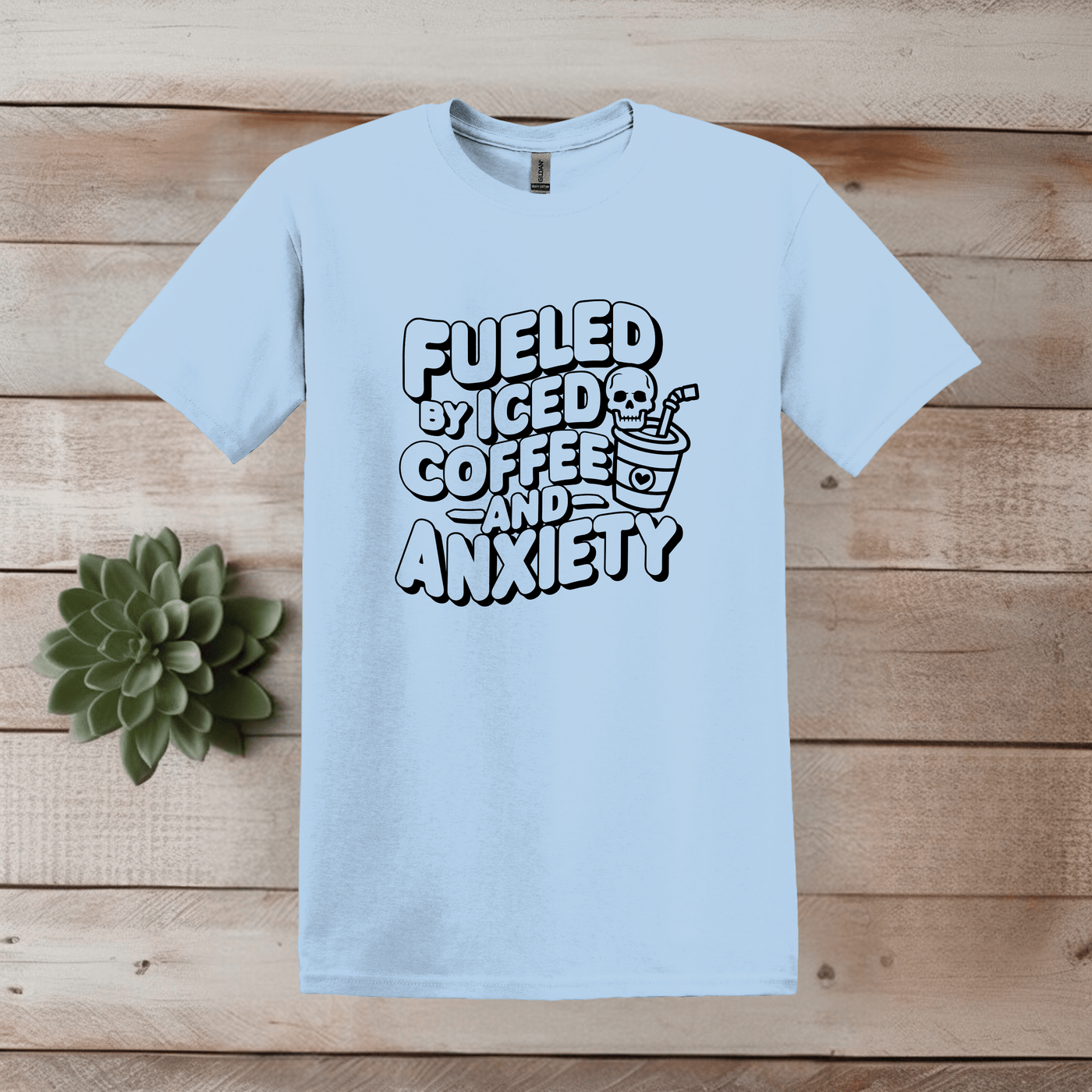 Printify T-Shirt S / Light Blue Iced Coffee and Anxiety Word Art T shirt