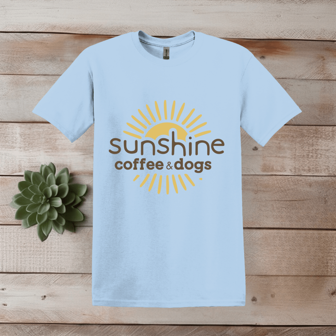 Printify T-Shirt S / Light Blue Sunshine, Coffee, And Dogs T Shirt