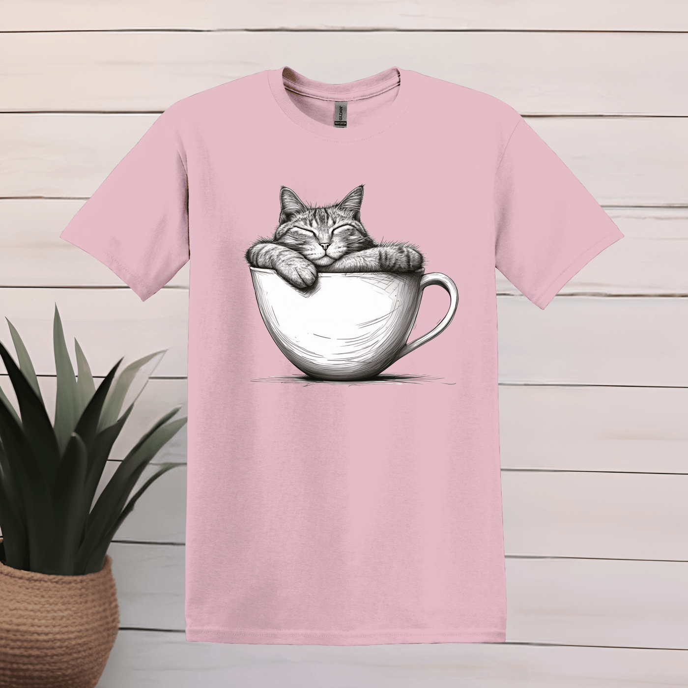 Printify T-Shirt S / Light Pink Cat Sleeping in Coffee Cup T shirt