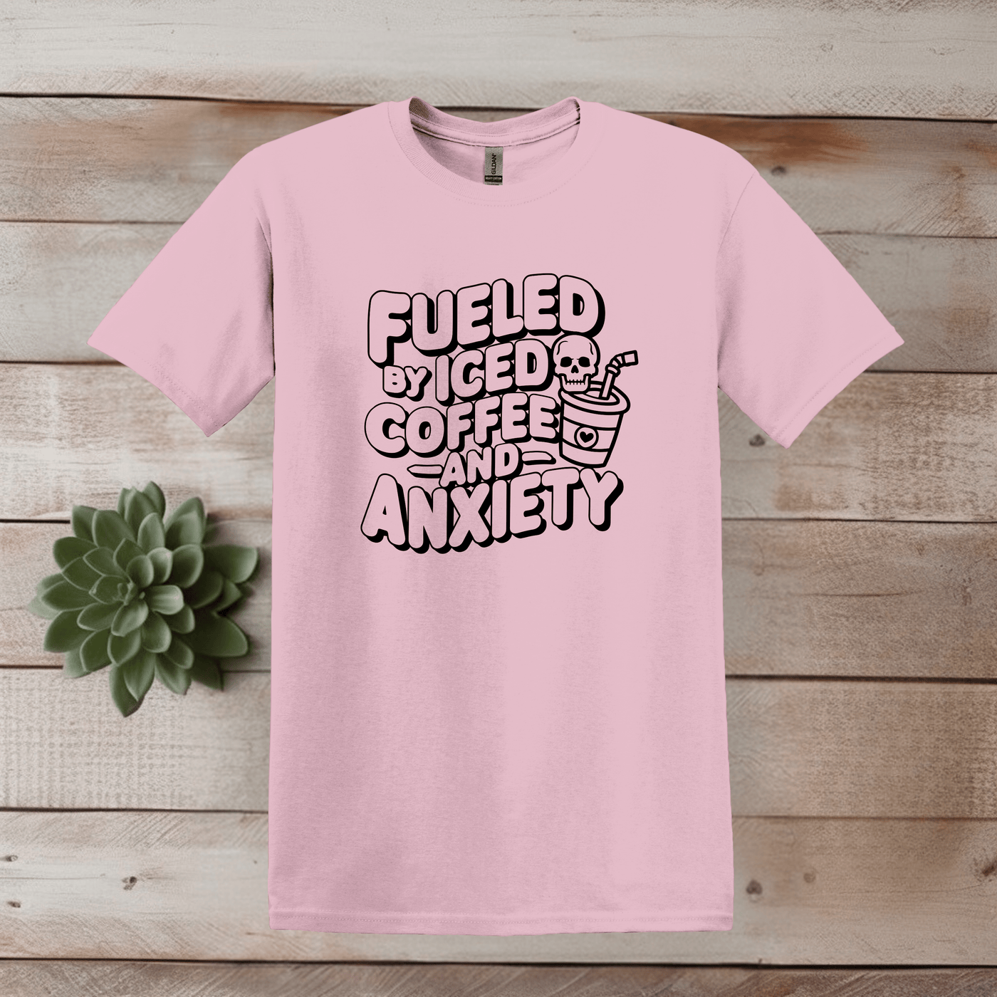 Printify T-Shirt S / Light Pink Iced Coffee and Anxiety Word Art T shirt