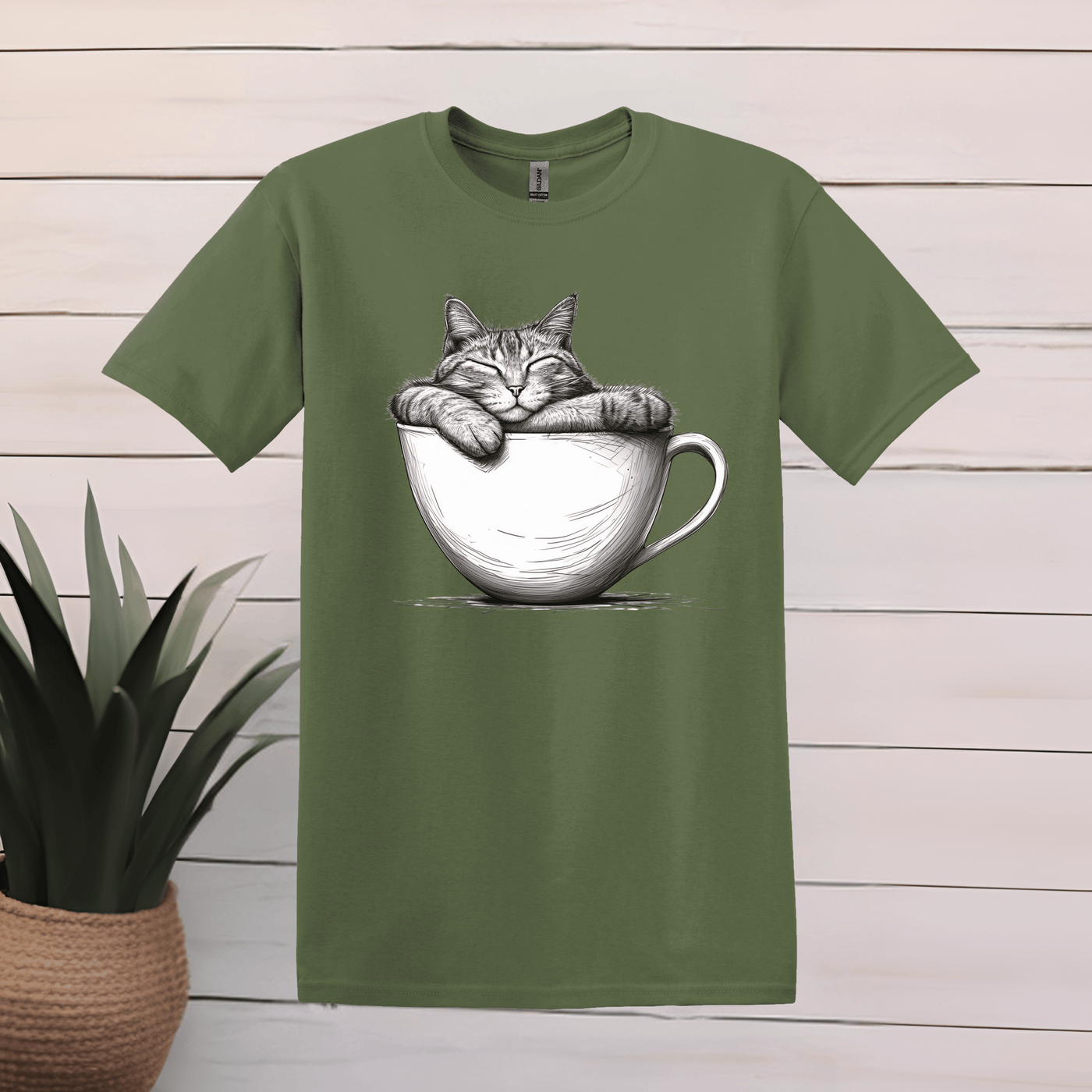 Printify T-Shirt S / Military Green Cat Sleeping in Coffee Cup T shirt