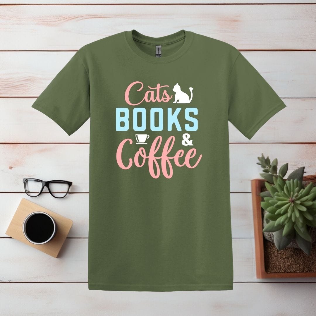 Printify T-Shirt S / Military Green Cats, Books, and Coffee T Shirt