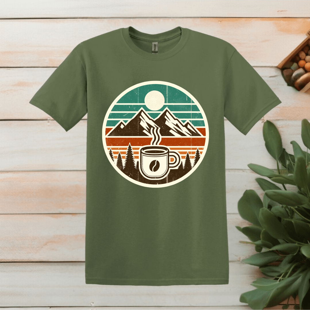 Printify T-Shirt S / Military Green Coffee and Mountain Logo T shirt